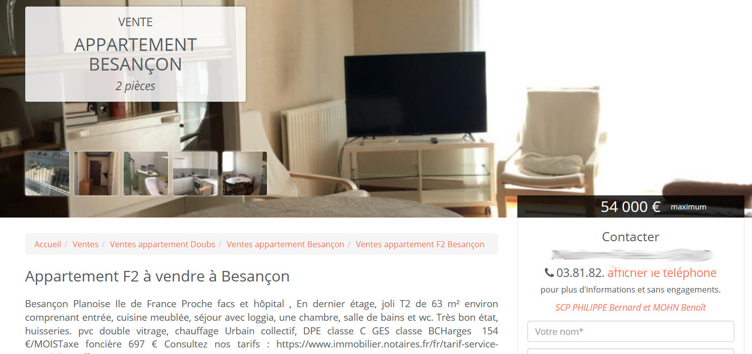 une annonce pour un F2 à vendre à Besançon