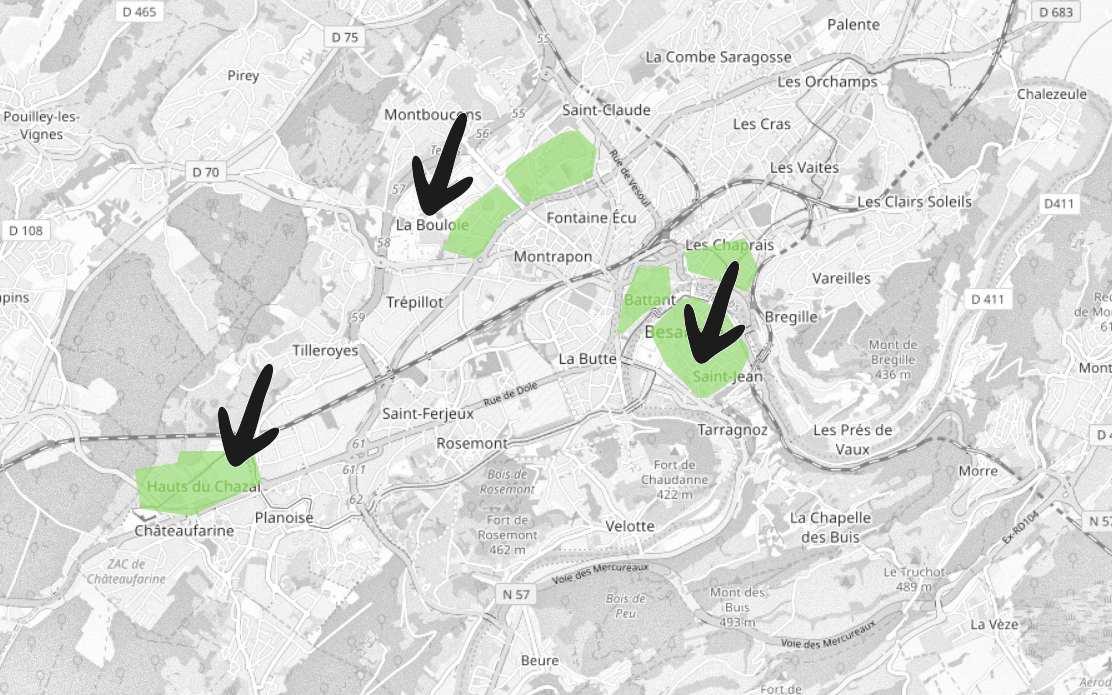 carte de besançon avec les meilleurs quartiers pour les étudiants