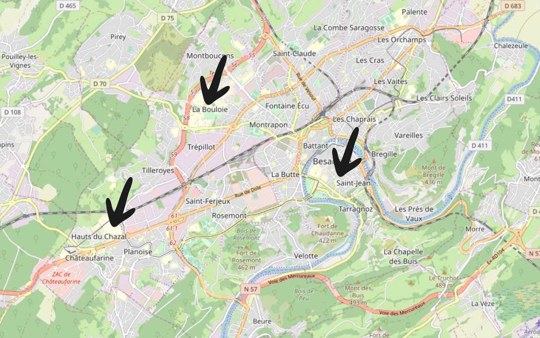 cartes des universités à Besançon : médecine, science, lettres